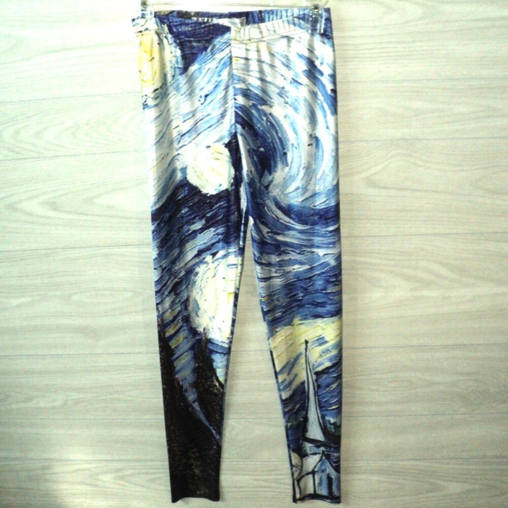 OnLine Legging Store Women's Size L Leggings Galaxy Abstract Blue, Silver, Gold